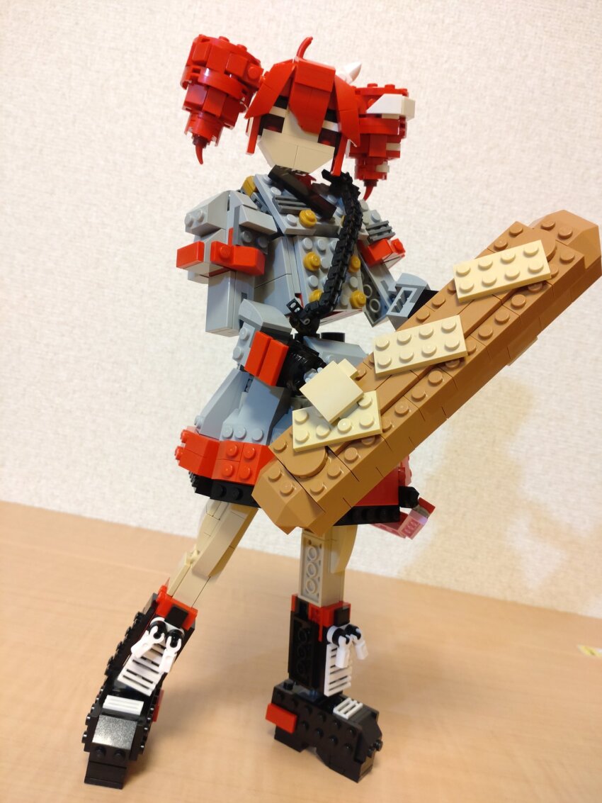 1girl ahoge baguette black_boots boots bread buttons choroli_(chorolin) commentary contrapposto double-breasted drill_hair food full_body grey_jacket grey_skirt hair_between_eyes hair_ribbon highres holding holding_food jacket kasane_teto kasane_teto_(sv) lego_(medium) long_sleeves looking_at_viewer oversized_food oversized_object red_eyes red_hair ribbon shoulder_belt skirt solo standing synthesizer_v twin_drills unconventional_media utau white_ribbon