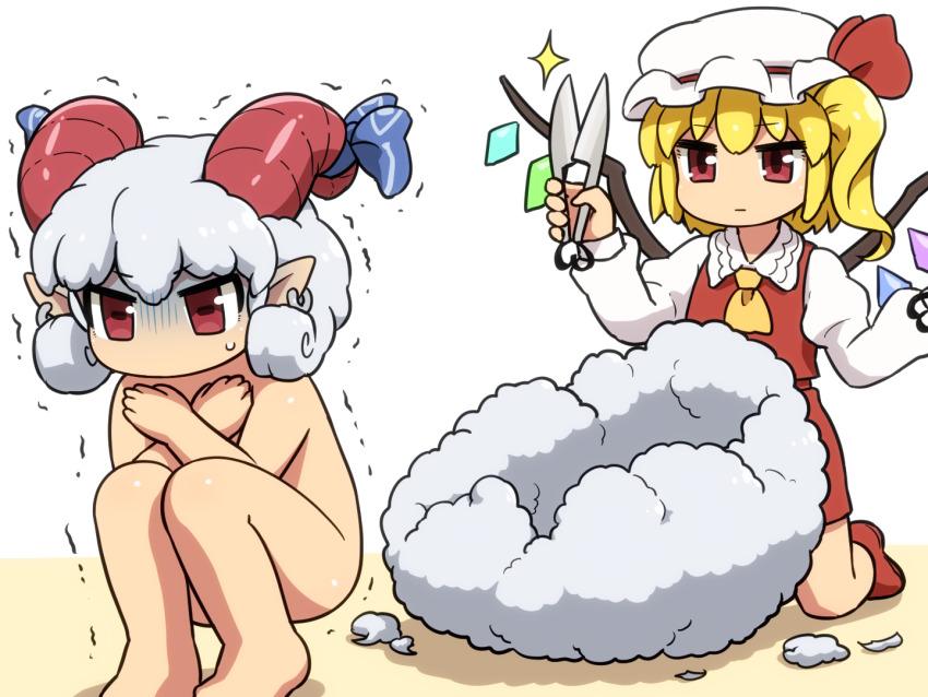 2girls animal_ears blonde_hair bow chibi clothed_female_nude_female completely_nude crossed_arms crystal expressionless flandre_scarlet gloom_(expression) grey_hair hat holding horizontal_pupils horn_bow horn_ornament horns kneeling long_sleeves looking_at_another medium_hair mob_cap multiple_girls nude pointy_ears red_eyes red_horns red_skirt red_vest shears sheep_horns shirosato side_ponytail skirt skirt_set squatting touhou toutetsu_yuuma trembling turn_pale vest wings wool