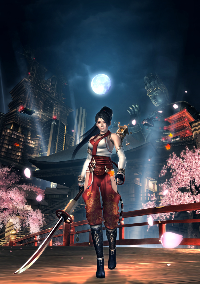 1girl 3d architecture black_hair boots breasts bridge brown_eyes cherry_blossoms city detached_sleeves east_asian_architecture female_focus fingerless_gloves gloves highres japanese_clothes large_breasts long_hair momiji_(ninja_gaiden) moon naginata ninja_gaiden ninja_gaiden:_dragon_sword ninja_gaiden_sigma ninja_gaiden_sigma_2 official_art pagoda polearm ponytail solo statue tecmo weapon