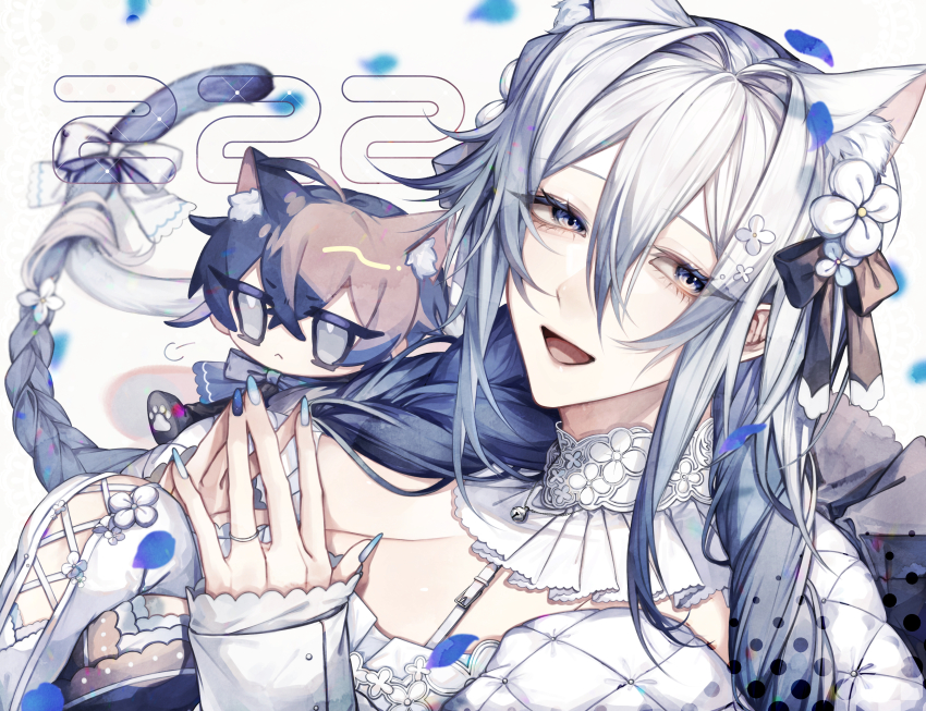 1girl absurdres animal_ears ascot bell black_ribbon blue_eyes blue_hair blue_nails blue_petals blurry blurry_background bow braided_twintails breasts cat_ears cleavage collar commentary_request dress eyelashes falling_petals flower frilled_ascot frills gradient_hair gradient_nails hair_between_eyes hair_bow hair_flower hair_ornament hair_ribbon highres jewelry large_breasts long_hair looking_at_viewer multicolored_hair neck_bell open_mouth original petals portrait ribbon ring sidelocks simple_background smile solo stuffed_toy two-tone_hair white_ascot white_background white_bow white_collar white_dress white_hair white_sleeves wu_(user_sevs2252)
