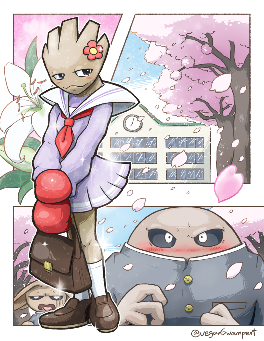 black_eyes blush building cherry_blossoms cherry_tree clothed_pokemon creature creature_focus crossdressing flower gen_1_pokemon gen_2_pokemon highres hitmonchan hitmonlee hitmontop looking_at_another miniskirt nintendo open_mouth pokemon pokemon_(creature) school_uniform shoes signature skirt sky smile socks sweat veganswampert white_socks