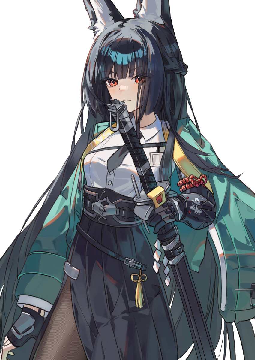 1girl absurdres animal_ear_fluff animal_ears black_hair black_necktie black_skirt blunt_bangs closed_mouth cowboy_shot dress_shirt ehdghks500 fox_ears fox_girl gauntlets green_jacket high-waist_skirt highres hoshimi_miyabi jacket long_hair looking_ahead necktie red_eyes shirt sidelocks skirt solo white_shirt zenless_zone_zero