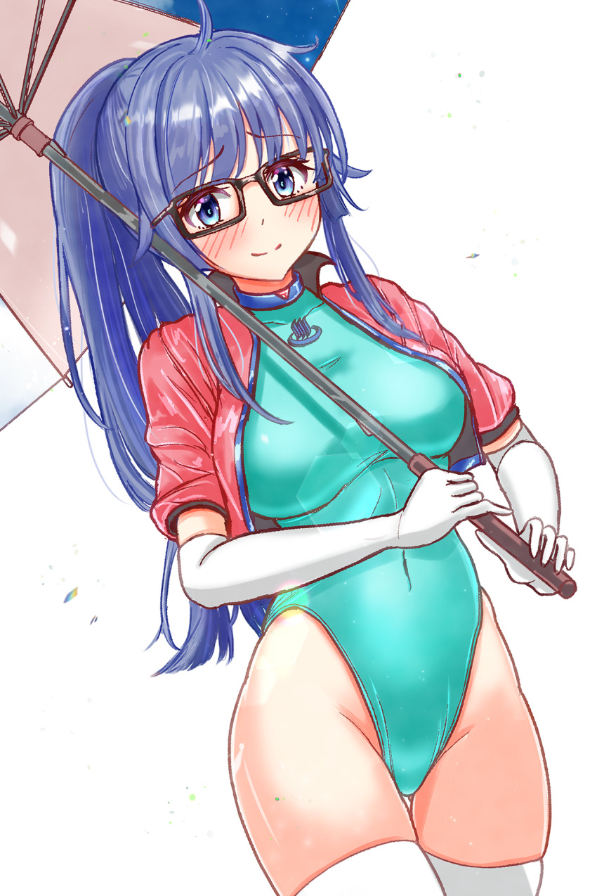 aqua_leotard blue_eyes blue_hair breasts charomi covered_navel cropped_jacket elbow_gloves gero_mitsuki glasses gloves highleg highleg_leotard highres jacket leotard long_sleeves medium_breasts onsen_musume ponytail race_queen red-framed_eyewear red_jacket sidelocks simple_background thighhighs umbrella white_background white_gloves white_thighhighs