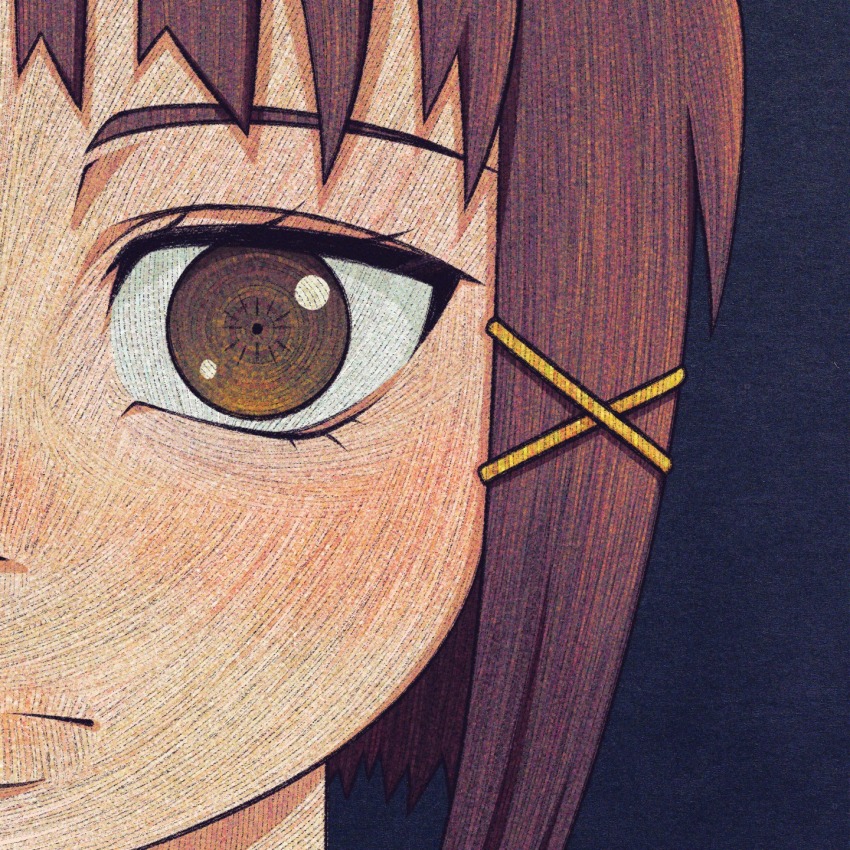 1girl blue_background brown_eyes brown_hair close-up closed_mouth cryptidhermit eyelashes hair_ornament highres iwakura_lain looking_at_viewer serial_experiments_lain short_hair solo x_hair_ornament