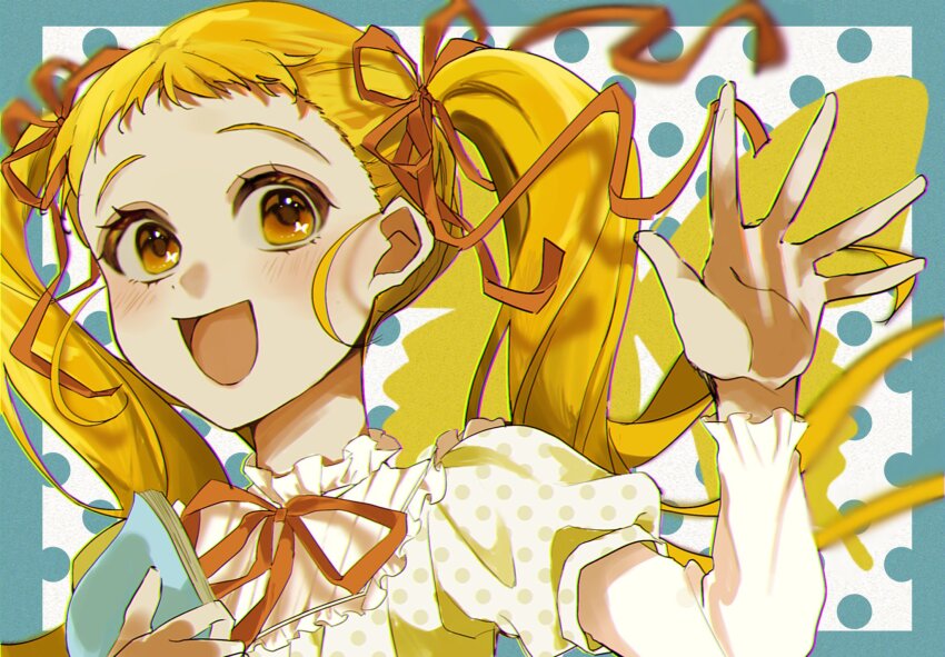 1girl blonde_hair blue_border border bug butterfly collared_shirt eyelashes floating_hair flower_knot forehead frilled_shirt_collar frilled_sleeves frills hair_ribbon hand_up happy highres insect kasugano_urara_(yes!_precure_5) layered_shirt layered_sleeves light_blush long_hair long_sleeves looking_at_viewer mer_(zo_no_00) neck_ribbon open_mouth orange_ribbon outside_border palms polka_dot polka_dot_background polka_dot_shirt precure puffy_short_sleeves puffy_sleeves ribbon shirt short_over_long_sleeves short_sleeves smile solo striped_clothes striped_shirt tareme twintails upper_body vertical-striped_clothes vertical-striped_shirt waving white_background white_shirt yellow_butterfly yellow_eyes yes!_precure_5