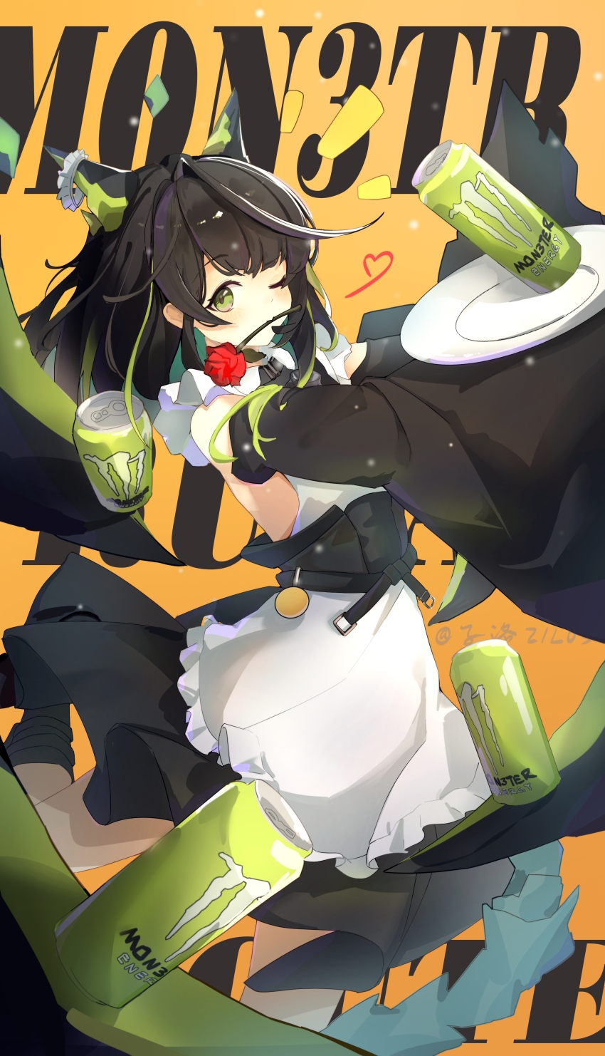 1girl absurdres ahoge alternate_costume apron arknights bare_shoulders black_hair black_skirt black_sleeves blush can chinese_commentary commentary_request detached_sleeves drink drink_can enmaided flower frilled_apron frills green_eyes green_hair heart highres holding holding_plate huge_ahoge looking_at_viewer maid maid_apron mon3tr_(arknights) monster_energy mouth_hold multicolored_hair one_eye_closed orange_background plate product_placement pun red_flower red_rose rose skirt solo streaked_hair white_apron zi_luo_(zilos)