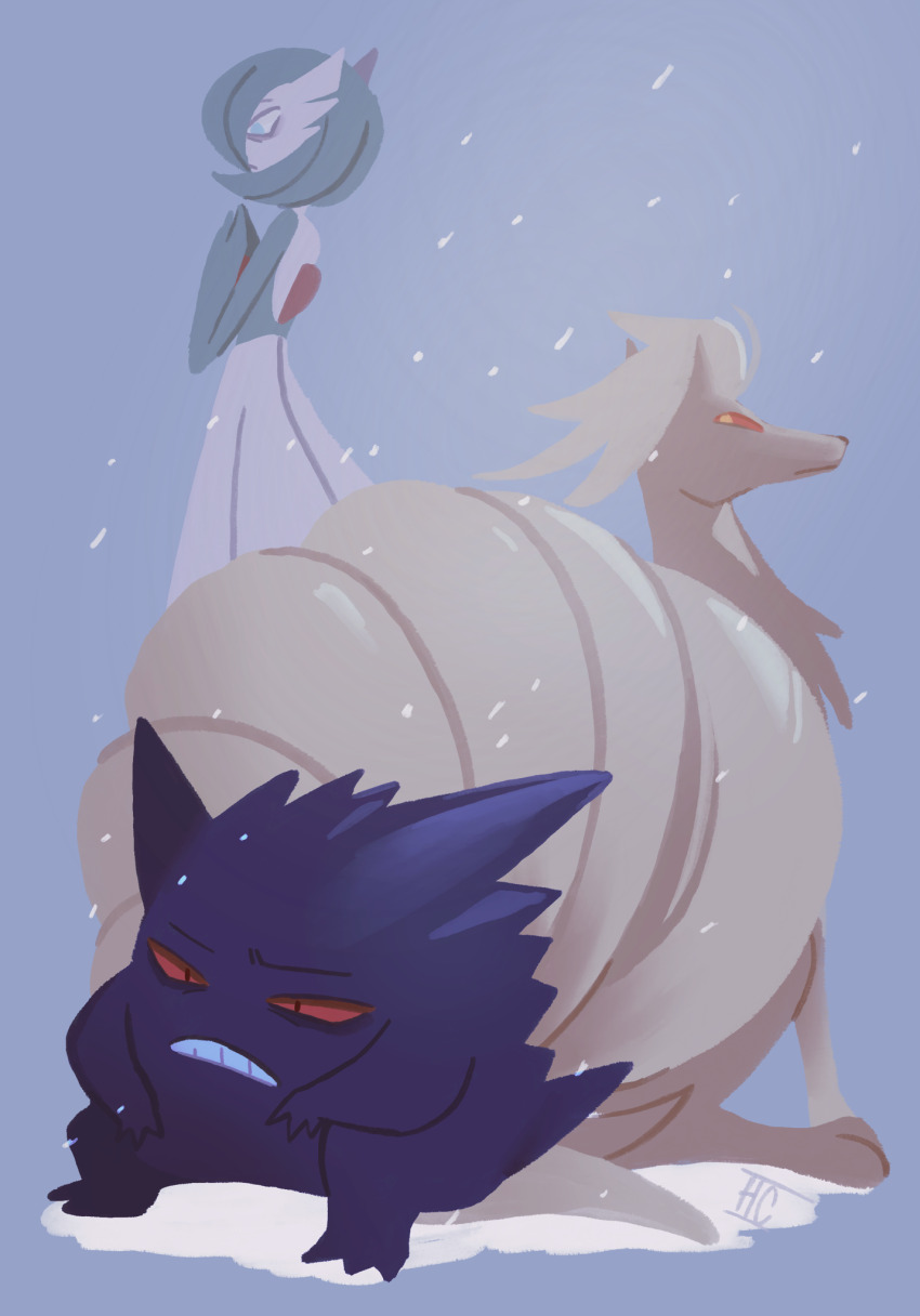 bob_cut colored_skin dress gardevoir gen_1_pokemon gen_3_pokemon gengar ghost green_hair green_skin grey_background hccupit highres multicolored_skin ninetales nintendo pokemon pokemon_(creature) pokemon_mystery_dungeon pokemon_mystery_dungeon:_red/blue_rescue_team red_eyes signature simple_background two-tone_skin white_dress white_skin yellow_fur