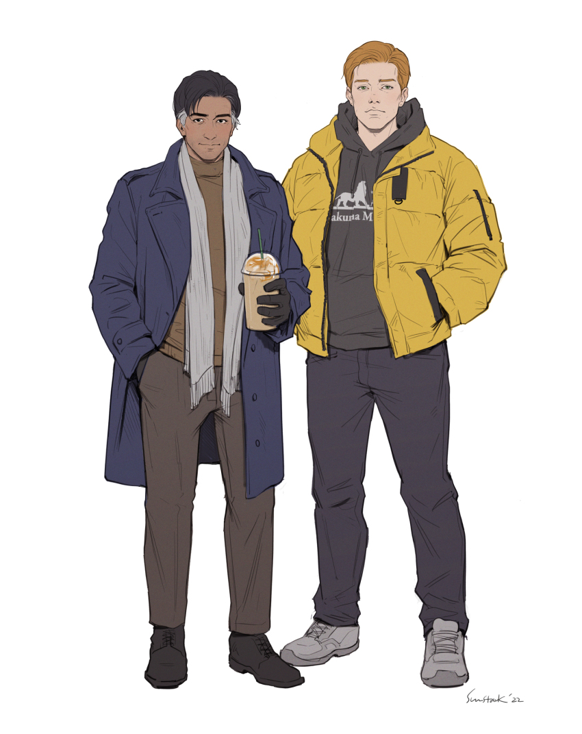 2boys alternate_costume artist_name black_hair black_hoodie black_pants blue_coat blue_eyes brown_eyes brown_hair brown_pants brown_shirt coat coffee collared_jacket commentary cup dark-skinned_male dark_skin disposable_cup doc_(rainbow_six_siege) drawstring drinking_straw full_body grey_hair hand_in_pocket hands_in_pockets highres holding holding_cup hood hood_down hoodie iced_coffee jacket lapels light_smile lion_(rainbow_six_siege) long_sleeves male_focus multicolored_hair multiple_boys notched_lapels open_clothes open_coat pants rainbow_six_siege scarf shirt shoes simple_background sneakers standing streaked_hair sun_stark symbol-only_commentary the_lion_king turtleneck unzipped white_background white_scarf yellow_jacket zipper
