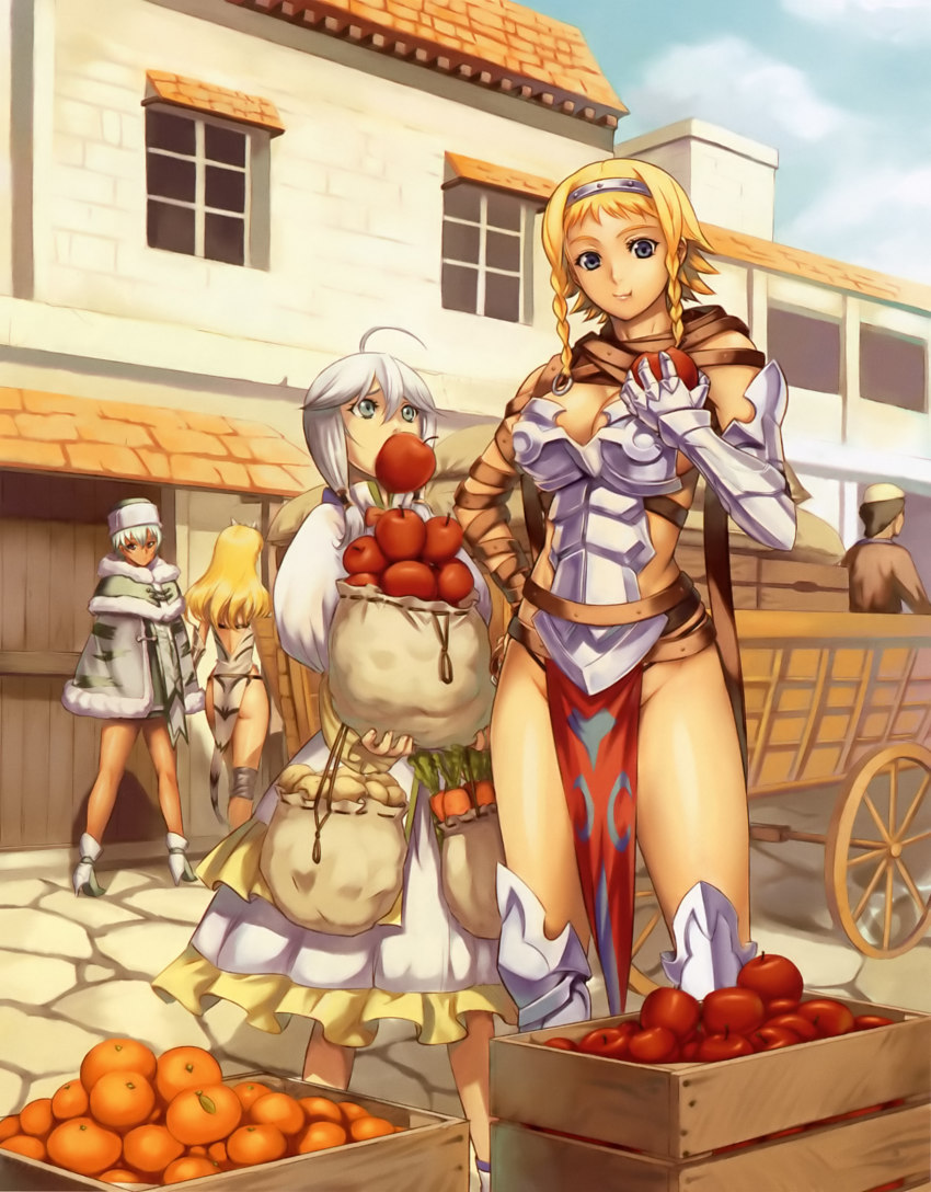 00s 2boys 3girls ahoge apple armor bag bare_legs blonde_hair blue_eyes braid breastplate breasts brown_hair building captain_of_the_royal_guard_elina carrot cart cleavage coat crate day dress eating eiwa elina_(queen&#039;s_blade) elina_(queen&#039;s_blade) exiled_warrior_leina facing_away fang_assassin_irma fiotiel_shalaklard food frilled_dress frills fruit fur_coat fur_hat gauntlets greaves groin hair_between_eyes hair_tubes hairband hand_on_own_hip hat high_heels highres holding holding_bag holding_food irma_(queen&#039;s_blade) irma_(queen&#039;s_blade) large_breasts legs legs_apart leina_(queen&#039;s_blade) leina_(queen&#039;s_blade) long_hair long_sleeves looking_at_another looking_at_viewer market mouth_hold multiple_boys multiple_girls no_panties no_socks orange_(fruit) outdoors pavement pelvic_curtain puffy_long_sleeves puffy_sleeves queen&#039;s_blade revealing_clothes road sack short_hair sidelocks single_gauntlet sky smile standing sunlight tan thighs town trap twin_braids wagon white_hair window