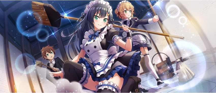 1boy 2girls apron black_dress black_hair black_ribbon black_thighhighs blonde_hair blue_bow blue_bowtie bow bowtie breasts broom brown_hair cielo_(konosuba) dress formal_clothes game_cg green_eyes hair_ornament hair_ribbon hairclip highres kono_subarashii_sekai_ni_shukufuku_wo! konosuba!_fantastic_days lia_(konosuba) light_blush long_hair long_sleeves maid maid_apron maid_headdress medium_breasts multiple_girls official_art puffy_short_sleeves puffy_sleeves ribbon satou_kazuma short_hair short_sleeves smile suit thighhighs white_thighhighs wrist_cuffs zettai_ryouiki