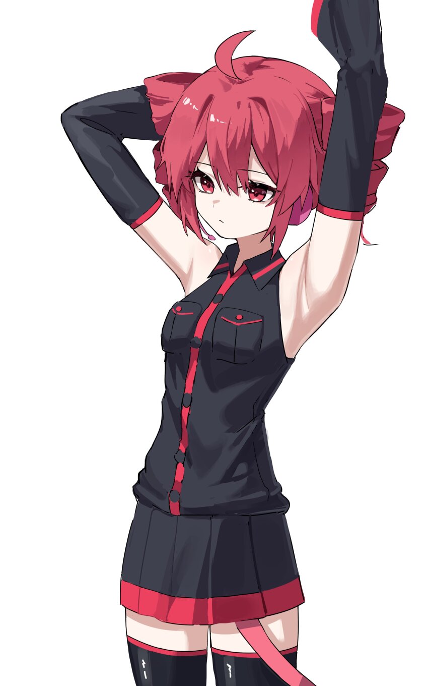1girl absurdres ahoge armpits arms_up bare_shoulders belt black_skirt black_sleeves black_thighhighs breast_pocket breasts buttons closed_mouth double-parted_bangs drill_hair hair_between_eyes headphones highres hu2924 kasane_teto kasane_teto_(utau) pocket red_belt red_eyes red_hair red_skirt simple_background skirt skirt_set sleeves_past_fingers sleeves_past_wrists small_breasts solo standing thighhighs twin_drills utau very_long_sleeves white_background zettai_ryouiki
