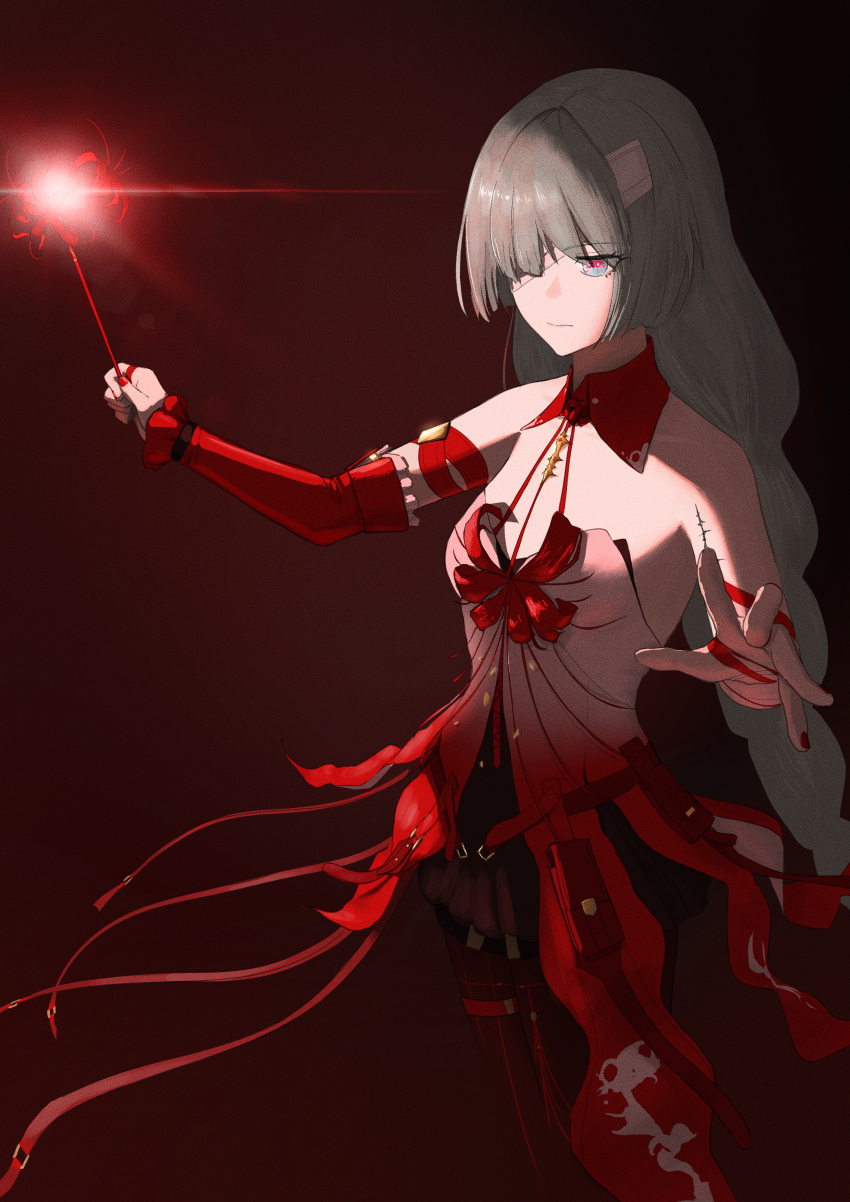 1girl absurdres bandage_over_one_eye bare_shoulders bell_(only-id_228) black_skirt breasts closed_mouth commentary cowboy_shot detached_sleeves dress flower grey_eyes grey_hair hands_up highres holding holding_flower long_hair medium_breasts phrolova_(wuthering_waves) red_dress red_pupils single_detached_sleeve skirt solo spider_lily tacet_mark_(wuthering_waves) wuthering_waves