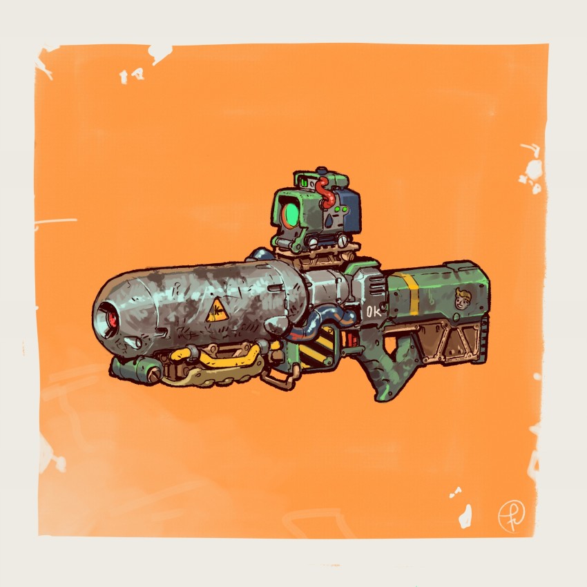 cyberpunk energy_gun fallout fernando_correa from_side gun highres laser_rifle no_humans orange_background retro_artstyle rifle science_fiction scope signature simple_background vault_boy weapon weapon_focus