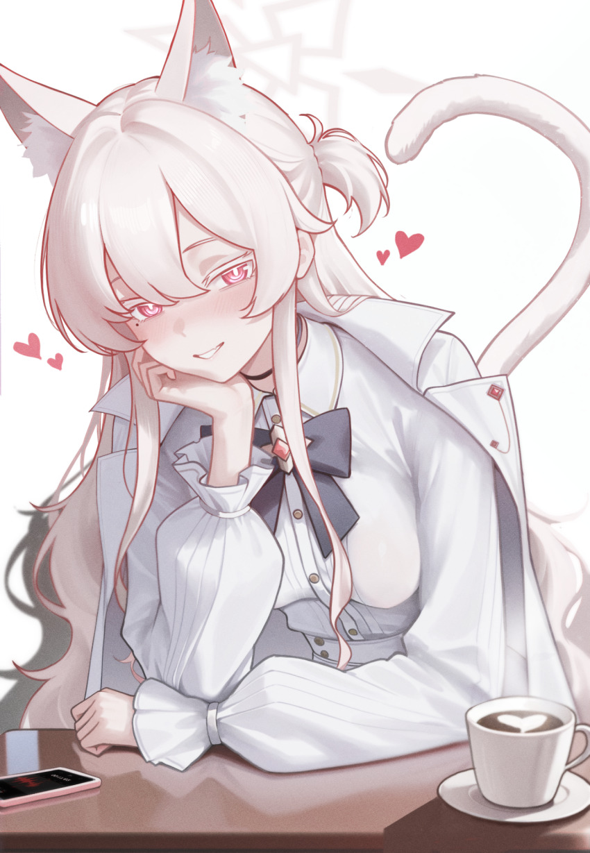 1girl akira_(blue_archive) animal_ear_fluff animal_ears black_bow black_bowtie blue_archive blush bow bowtie breasts cat_ears cat_girl cat_tail coat coat_on_shoulders colored_eyelashes commentary elbow_on_table extra_ears hair_between_eyes halo head_rest heart highres latte_art long_hair long_sleeves looking_at_viewer medium_breasts mellow_(srpp4843) mole mole_under_eye one_side_up pants phone pink_eyes puffy_long_sleeves puffy_sleeves shirt simple_background smile solo symbol-only_commentary tail white_background white_coat white_eyelashes white_hair white_halo white_pants white_shirt