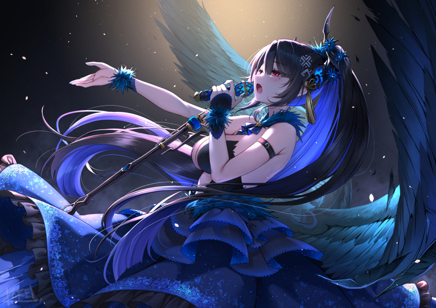 1girl alternate_costume armlet asymmetrical_horns black_hair black_wings blue_dress blue_hair breasts cleavage colored_inner_hair commentary_request curry_bowl dress earrings falling_feathers feathered_wings feathers flower flower_knot fortissimo frilled_dress frills from_side hair_ornament high_ponytail highres holding holding_microphone hololive hololive_english horn_flower horns jewelry large_breasts layered_dress long_hair low_wings microphone mole mole_under_eye multicolored_hair music musical_note musical_note_hair_ornament nerissa_ravencroft open_mouth outstretched_arm ponytail red_eyes sidelocks singing sleeveless sleeveless_dress solo strapless strapless_dress tassel tassel_hair_ornament uneven_horns very_long_hair virtual_youtuber wings