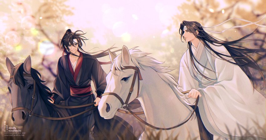 2boys ahoge animal artist_name black_hair black_hanfu black_horse blurry blurry_background blurry_foreground chinese_clothes closed_mouth commentary day depth_of_field english_commentary eye_contact floating_hair grass grey_eyes grin hair_between_eyes hair_ribbon hanfu headband high_ponytail highres holding holding_reins horse horseback_riding implied_yaoi lan_wangji long_hair long_sleeves looking_at_another male_focus minataka94 modao_zushi multiple_boys outdoors ponytail profile red_ribbon red_sash reins ribbon riding robe saddle sash sidelocks smile tree very_long_hair watermark wei_wuxian white_hanfu white_headband white_horse wide_sleeves wind yellow_eyes