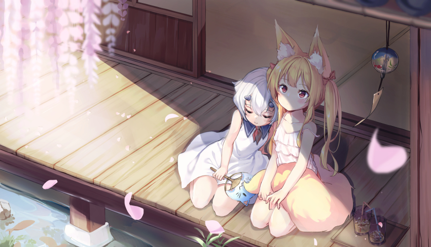 2girls animal_ear_fluff animal_ears blonde_hair brown_eyes camisole cherry_blossoms cup doorway dress drinking_glass drinking_straw closed_eyes fox_ears fox_girl fox_tail hand_fan head_on_another&#039;s_shoulder highres horns long_hair looking_down multiple_girls original outdoors paper_fan petals shokupan_(slvk12) short_hair sitting sleeveless sleeveless_dress smile strap_slip sundress tail tatami twintails veranda white_camisole white_dress white_hair wind_chime