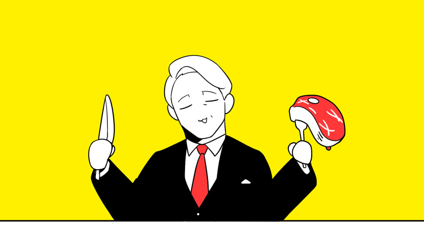 1boy black_jacket butcher_vanity_(synthesizer_v) choco_(chocovix112) closed_eyes collared_shirt facing_viewer food forehead fork formal_clothes hannibal_(tv_series) hannibal_lecter head_tilt highres holding holding_fork holding_knife jacket knife male_focus necktie open_mouth red_necktie shirt simple_background solo steak suit upper_body white_shirt yellow_background