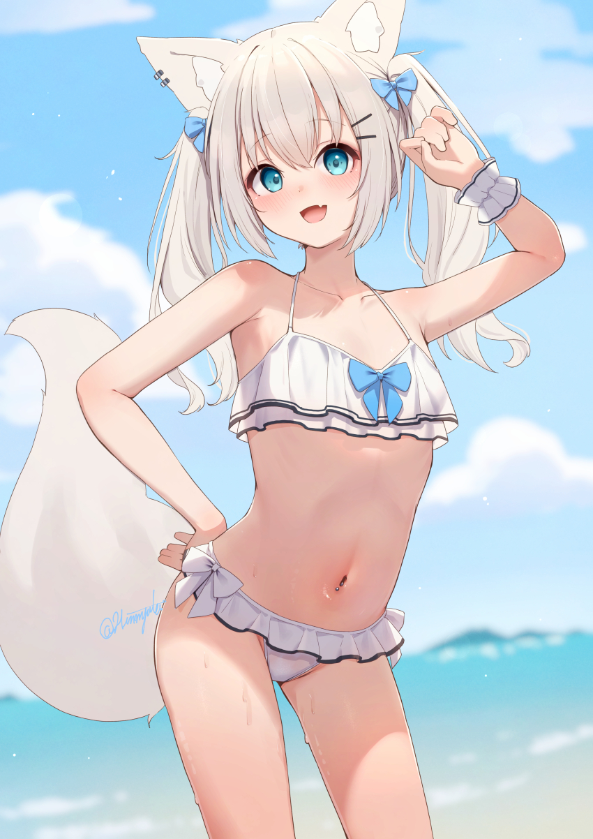 1girl absurdres animal_ears bikini blonde_hair blue_eyes blue_sky cloud day fang flat_chest fox_ears fox_tail frilled_bikini frills highres hinata_(user_rjkt4745) long_hair looking_at_viewer navel ocean open_mouth original paid_reward_available sky solo swimsuit tail twintails twitter_username wet