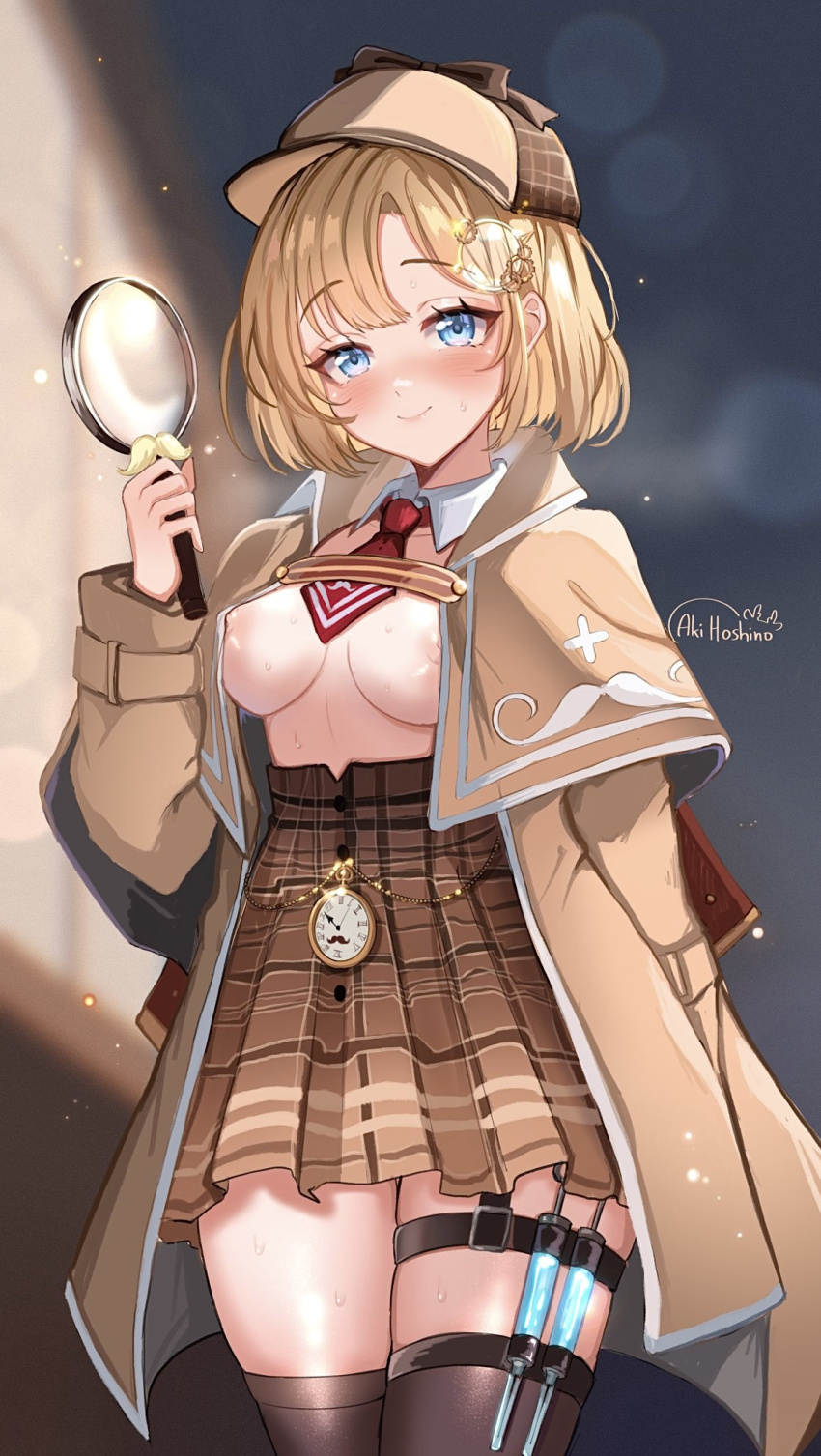 1girl aki_hoshino black_thighhighs blonde_hair blue_eyes blurry blurry_background blush bob_cut breasts brown_coat brown_hat brown_skirt closed_mouth coat commentary cowboy_shot deerstalker detached_collar english_commentary hair_ornament hand_in_pocket hand_up hat high-waist_skirt highres holding holding_magnifying_glass hololive hololive_english looking_at_viewer magnifying_glass medium_breasts miniskirt necktie nipples no_bra no_shirt open_clothes open_coat plaid_clothes plaid_skirt pleated_skirt pocket_watch red_necktie short_hair short_necktie skirt smile solo standing syringe_holster thigh_strap thighhighs virtual_youtuber watch watson_amelia watson_amelia_(1st_costume)