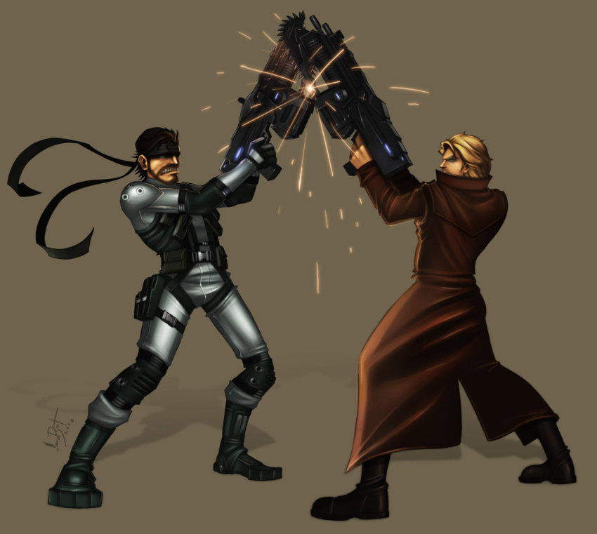 2boys battle bodysuit brothers chainsaw gears_of_war lancer_(gears_of_war) liquid_snake male_focus metal_gear_(series) metal_gear_solid multiple_boys parody siblings simple_background solid_snake time_paradox weapon