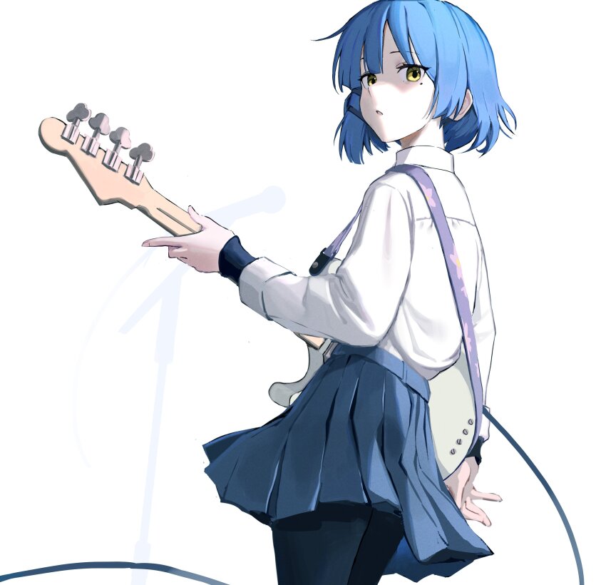 1girl absurdres bass_guitar black_pantyhose black_sleeves blue_hair blue_skirt blunt_ends bocchi_the_rock! cable collar collared_shirt commentary cowboy_shot electric_guitar fender_precision_bass franz2543 from_side guitar hair_ornament hairclip highres holding holding_instrument instrument looking_at_viewer microphone_stand mole mole_under_eye music pantyhose playing_instrument pleated_skirt shirt shirt_tucked_in short_hair simple_background skirt solo strap white_background white_collar white_shirt yamada_ryo yellow_eyes