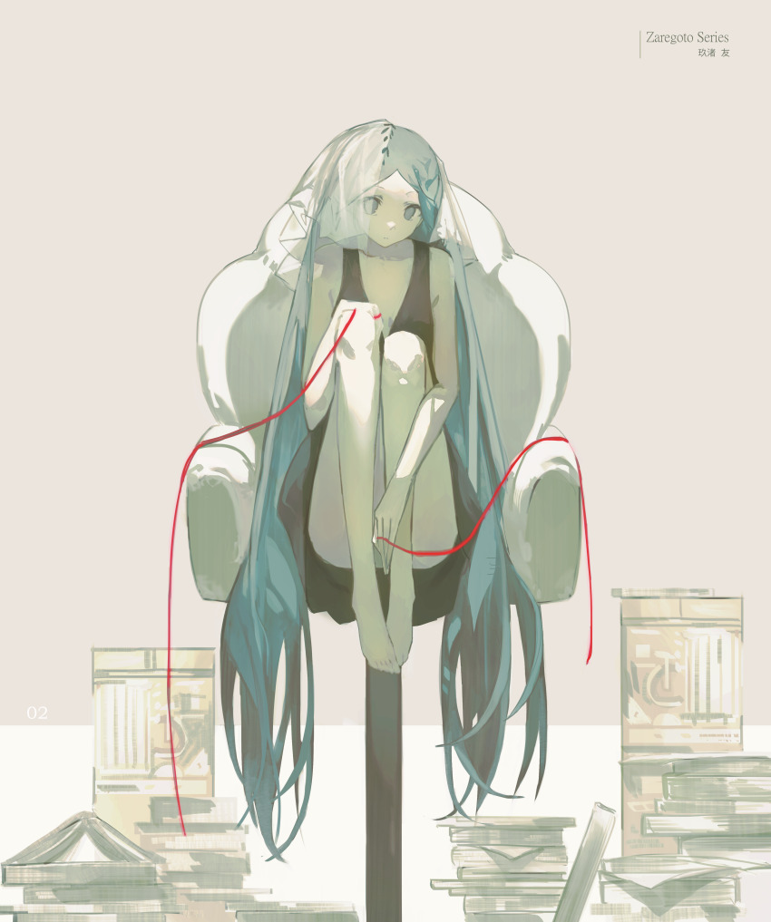 1girl absurdly_long_hair absurdres barefoot black_dress blue_eyes blue_hair book book_stack chair character_name closed_mouth copyright_name dress expressionless flat_chest full_body hand_on_own_knee highres knees_up kunagisa_tomo long_hair looking_at_viewer on_chair parted_bangs sitting sleeveless sleeveless_dress solo string string_of_fate veil very_long_hair white_background white_veil yuishironeko zaregoto_series