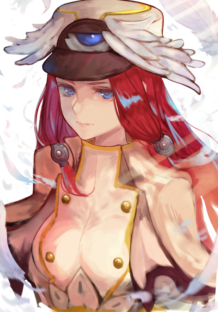 1girl blazblue blue_eyes breasts closed_mouth feathered_wings feathers hair_tubes hat highres levvellevvel long_hair looking_at_viewer medium_breasts pants red_hair solo third_eye tsubaki_yayoi upper_body weapon winged_hat wings