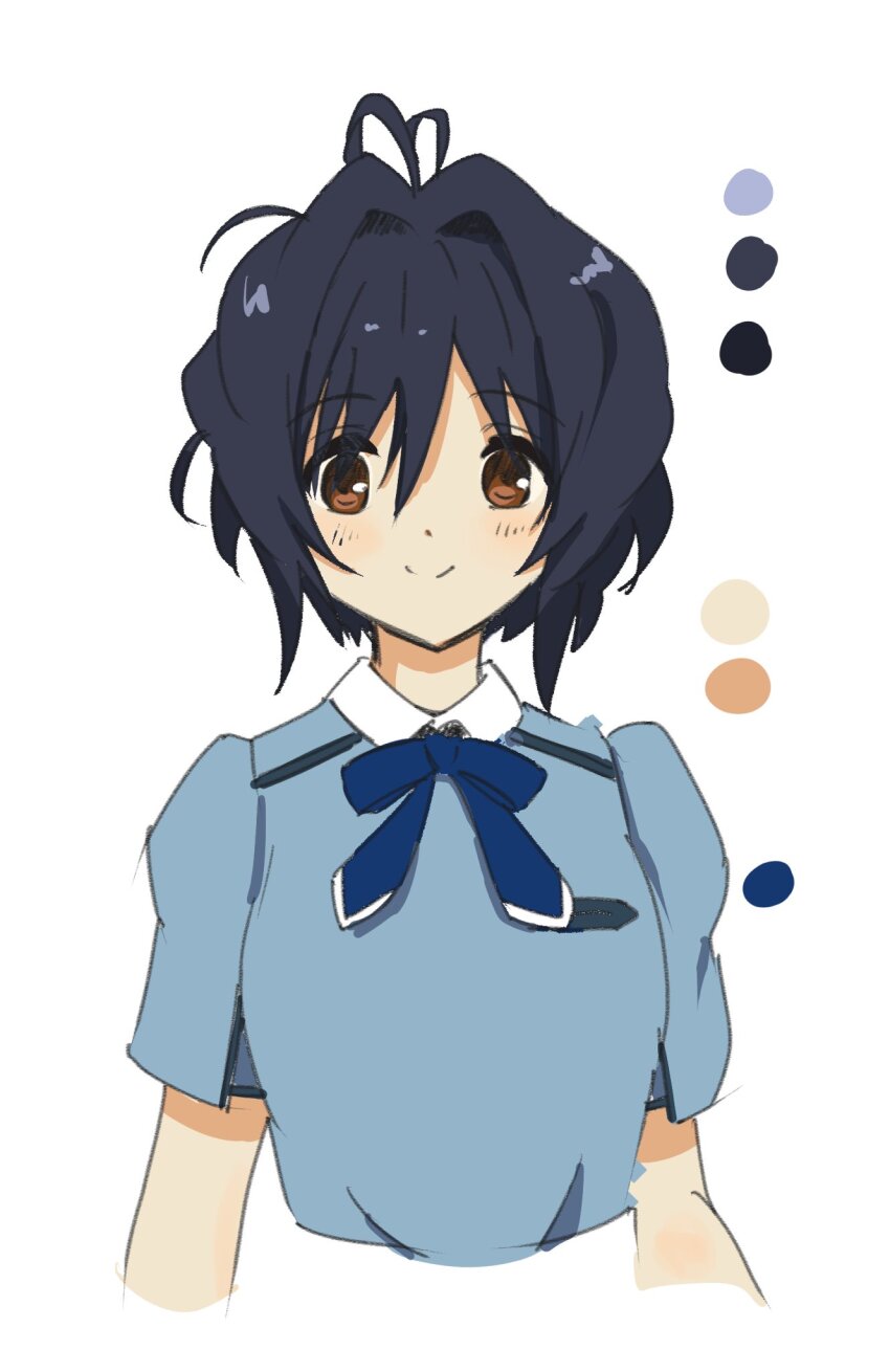 1girl 22/7 black_hair blue_bow blue_bowtie blue_dress boku_wa_sonzai_shiteinakatta bow bowtie brown_eyes closed_mouth color_guide cropped_torso dress hair_between_eyes highres looking_at_viewer qualitas_ayai short_hair short_sleeves smile solo takigawa_miu white_background