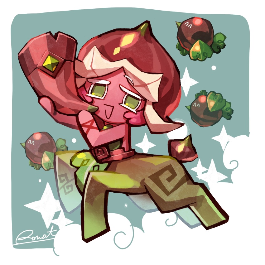 1other :d artist_name bad_id bad_pixiv_id bird border brown_hat centauroid colored_skin commentary_request cookie_run deer_tail fig_cookie full_body green_background green_eyes hat highres holding holding_instrument inactive_account instrument no_pupils open_mouth other_focus pink_hair pink_skin rn9j short_hair simple_background smile solo sparkle tail taur white_border