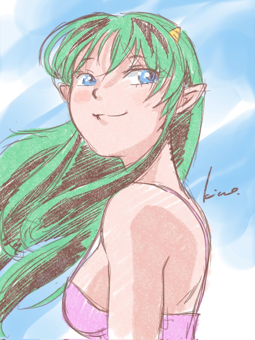 1girl blue_eyes bra breasts cone_horns corrupted_twitter_file from_side green_hair highres horns kico_factory long_hair looking_at_viewer lum pink_bra pointy_ears signature smile smug solo underwear upper_body urusei_yatsura