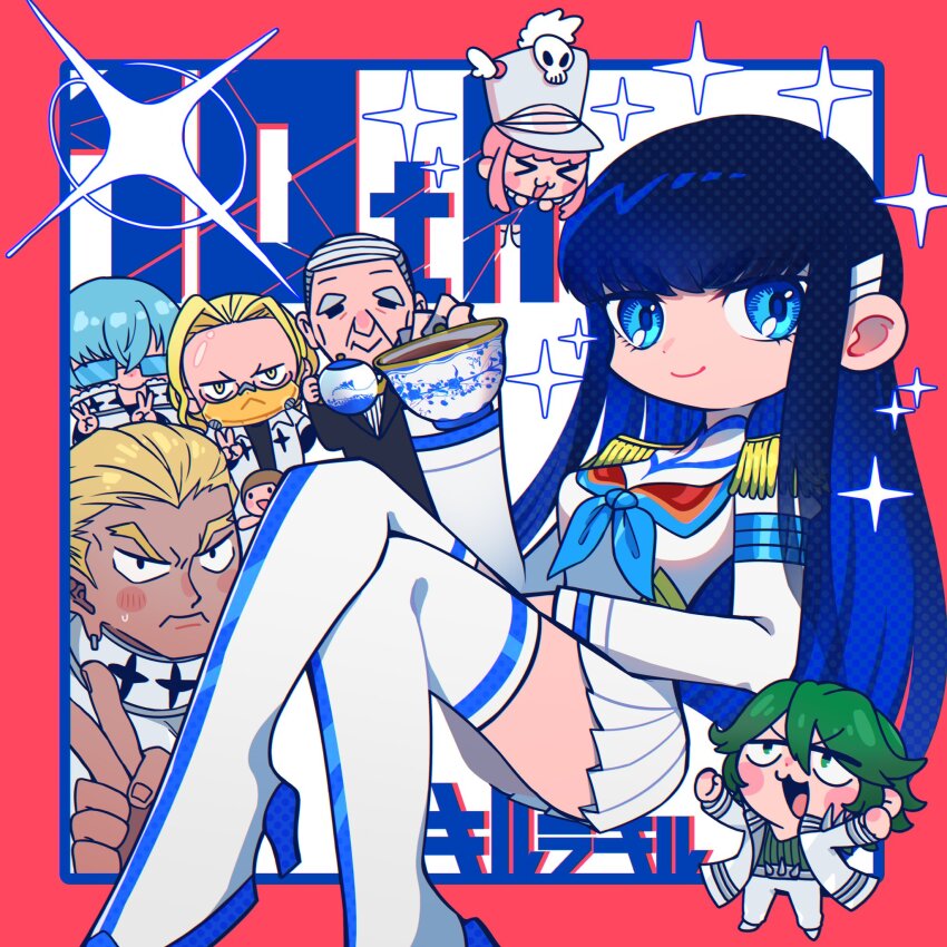 3girls 5boys blonde_hair blue_eyes blue_hair gamagoori_ira glasses green_eyes green_hair hat hatake_(hatanosuke) highres inumuta_houka iori_shirou jakuzure_nonon kill_la_kill looking_at_viewer mankanshoku_mako multiple_boys multiple_girls pink_hair sanageyama_uzu shako_cap smile soroi_mitsuzou sparkle tea thighhighs v white_hair yellow_eyes zettai_ryouiki