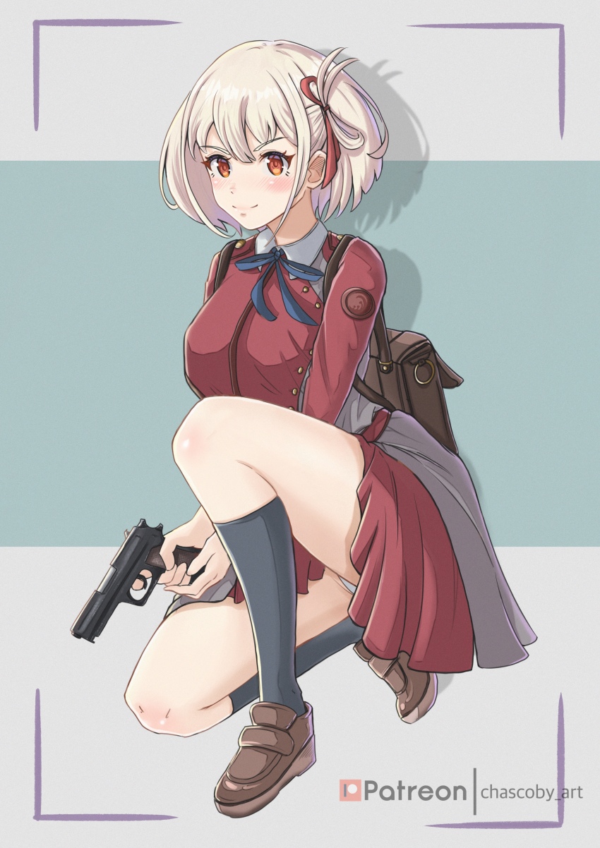 1girl absurdres bag black_socks blonde_hair blush bow bowtie breasts brown_bag brown_shoes chascoby closed_mouth collared_shirt commentary_request dress full_body grey_dress gun hair_ornament hair_ribbon handgun highres holding holding_gun holding_weapon jacket kneehighs loafers long_sleeves lycoris_recoil lycoris_uniform neck_ribbon nishikigi_chisato on_one_knee patreon_logo patreon_username pleated_dress pleated_skirt red_dress red_eyes red_ribbon ribbon shirt shoes short_hair simple_background skirt smile socks solo trigger_discipline two-tone_dress weapon white_shirt