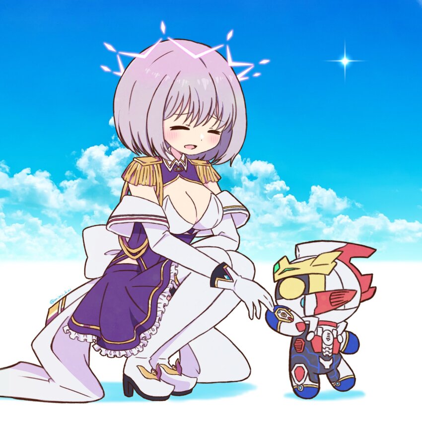 1boy 1girl acceptor armor blue_sky boots breasts chibi cleavage cloud epaulettes frilled_skirt frills gloves gridman_(ssss) gridman_universe gridman_universe_(movie) gridman_universe_fighter highres large_breasts mimi_kiri purple_hair purple_skirt robot shinjou_akane shinjou_akane_(new_order) shirt short_hair skirt sky smile thighhighs tokusatsu white_footwear white_gloves yellow_eyes