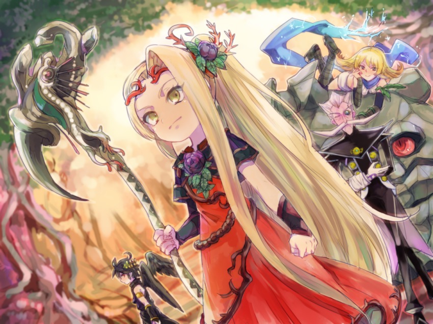 2girls 3boys arlon_(kid_icarus) arlon_(kid_icarus) black_hair blonde_hair bridal_gauntlets cragalanche dark_pit dress electricity facial_hair flower forest gloves green_eyes hair_flower hair_ornament holding holding_staff kid_icarus kid_icarus_uprising laurel_crown long_hair monocle multiple_boys multiple_girls mustache nature nintendo phosphora plant purple_eyes red_dress red_eyes rock sandals scarf shoes silver_hair smile staff tiara toeless_footwear very_long_hair vines viridi wings yellow_eyes yutapo