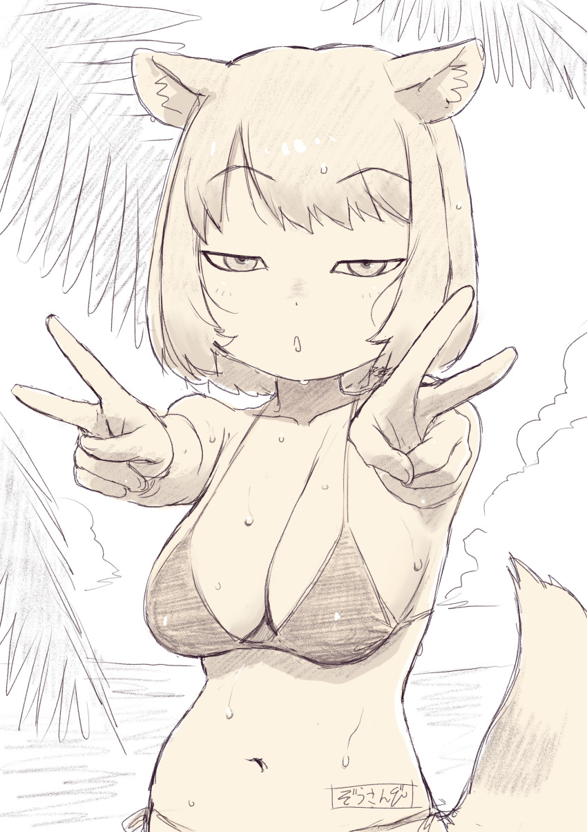 1girl absurdres animal_ears beach bikini black_bikini blush breasts double_v fox_ears fox_girl fox_tail highres kemono_friends kemono_friends_3 large_breasts looking_at_viewer masuyama_ryou navel sagging_breasts short_hair swimsuit tail tibetan_fox_(kemono_friends) v