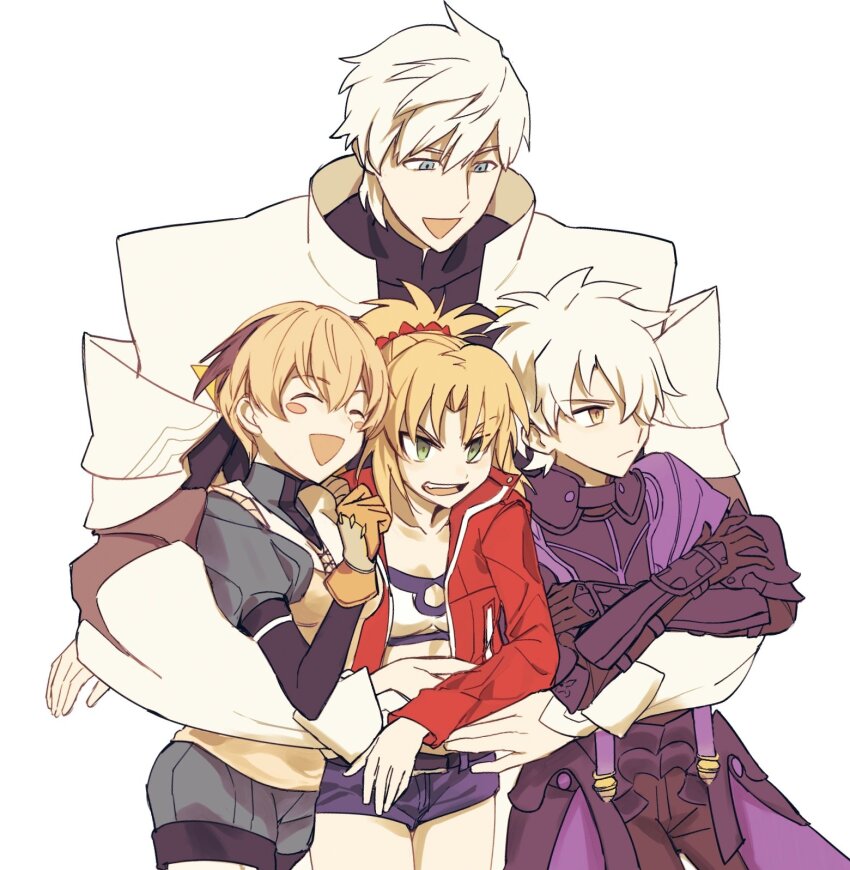 2boys 2girls armor bandeau black_armor blonde_hair blush_stickers brown_hair closed_mouth commentary_request crossed_arms fate/grand_order fate_(series) galahad_(fate) gareth_(fate) gauntlets green_eyes gs_presents height_difference highres hug hug_from_behind jacket knight knights_of_the_round_table_(fate) mordred_(fate) mordred_(memories_at_trifas)_(fate) multicolored_hair multiple_boys multiple_girls open_clothes open_jacket percival_(fate) pointy_hair red_jacket siblings simple_background sisters smile streaked_hair white_background white_hair yellow_eyes
