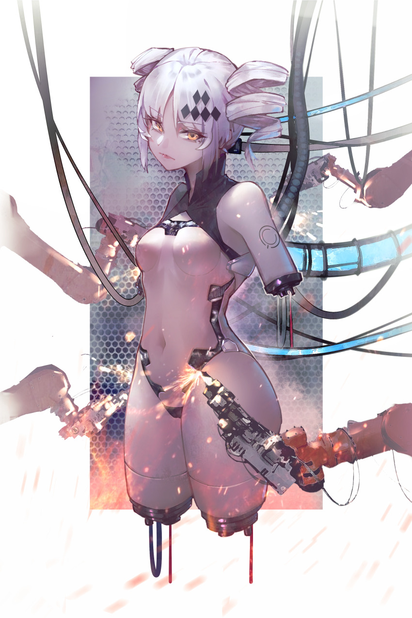 absurdres amputee android cameltoe colored_skin frown highres karenina:_ember_(pgr) karenina_(pgr) looking_at_viewer maintenance mechabare mechanical_arms navel nude pink_lips punishing:_gray_raven quadruple_amputee robot short_twintails sparks stomach suspension tube twintails white_hair white_skin wire wudiyishileiyu yellow_eyes