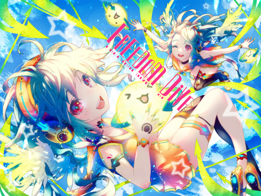 2girls :3 :d arrow_(symbol) black_thighhighs blue_sky breasts chunithm cleavage cloud commentary cross-shaped_pupils cytus dress dual_persona falling feathered_wings feathers freedom_dive full_body green_hair green_wings headphones long_hair looking_at_viewer medium_hair multiple_girls official_art one_eye_closed open_mouth orange_dress orange_shoes pleated_dress red_eyes ryori shoes short_dress single_thighhigh sky sky_feather_(chunithm) sleeveless sleeveless_dress small_breasts smile star_(symbol) symbol-shaped_pupils teeth thigh_strap thighhighs upper_teeth_only wind wings
