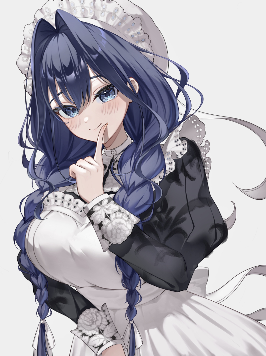 1girl absurdres apron black_dress blue_eyes braid breasts closed_mouth dress frilled_apron frilled_hat frills hair_between_eyes hair_intakes hair_over_shoulder hat highres hololive hololive_english juliet_sleeves light_blush long_hair long_sleeves looking_at_viewer low_twin_braids maid maid_apron mob_cap official_alternate_costume official_alternate_hairstyle ouro_kronii ouro_kronii_(maid) puffy_sleeves risu_(risuuu_q) simple_background solo twin_braids upper_body victorian_maid virtual_youtuber white_apron white_hat wrist_cuffs