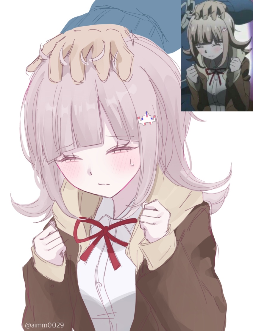 1boy 1girl artist_name blush brown_jacket closed_mouth collared_shirt danganronpa_(series) danganronpa_2:_goodbye_despair danganronpa_3_(anime) hands_up highres jacket long_sleeves medium_hair nanami_chiaki neck_ribbon nidai_nekomaru open_clothes open_jacket pink_hair red_ribbon ribbon shirt simple_background solo_focus sweatdrop white_background white_shirt xiang_gong