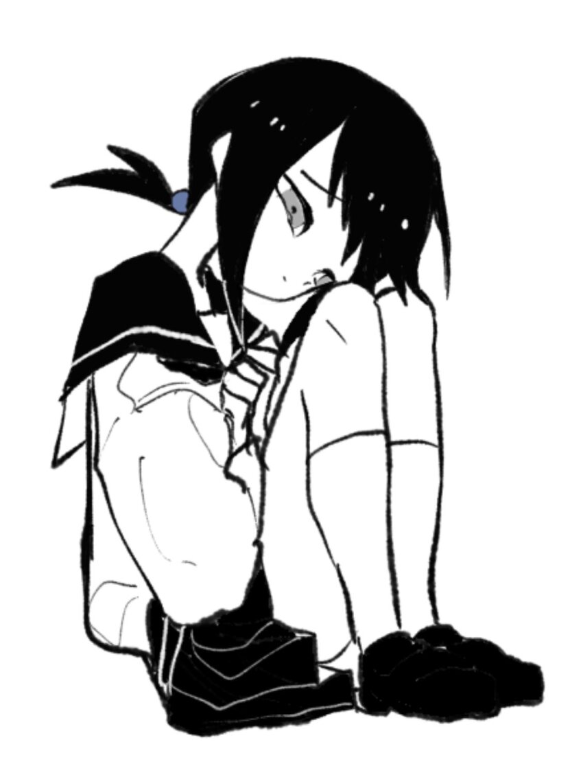 1girl closed_mouth commentary from_side full_body furrowed_brow greyscale half-closed_eyes hands_on_own_chest head_on_knees highres kaga_ai kneehighs knees_up loafers long_sleeves looking_down monochrome namekuji_(kagaai_love) pleated_skirt ponytail raised_eyebrows sayonara_zetsubou_sensei school_uniform serafuku shoes short_ponytail sidelocks simple_background skirt socks solo spot_color symbol-only_commentary tearing_up