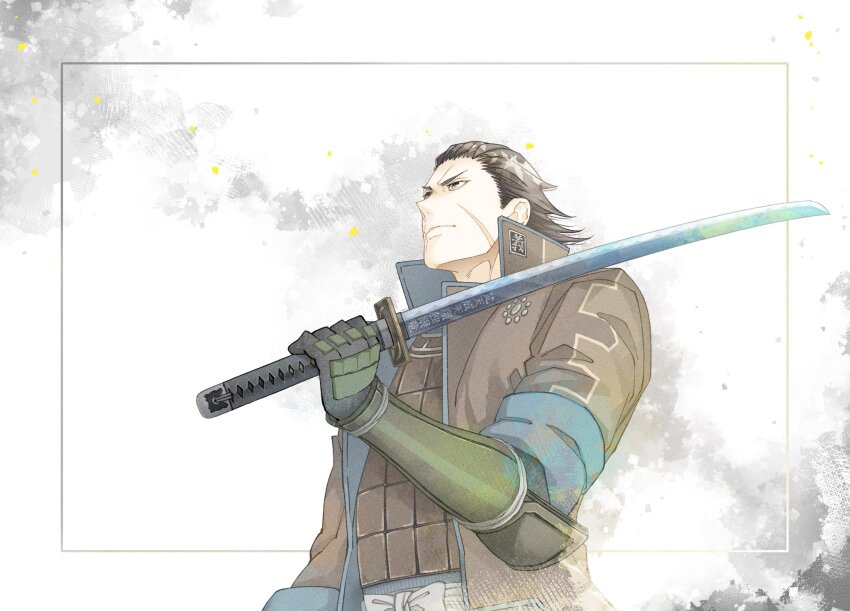 1boy black_gloves brown_coat brown_eyes brown_hair coat facial_scar from_below gloves hair_slicked_back highres holding holding_sword holding_weapon katakura_kojuurou_(sengoku_basara) katana looking_up male_focus sawa12sss scar scar_on_cheek scar_on_face sengoku_basara solo sword weapon white_background
