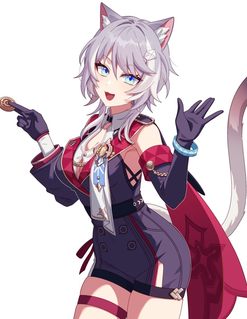1girl animal_ear_fluff animal_ears armband armpits asymmetrical_gloves belt black_belt black_gloves black_unitard blue_eyes bracelet breasts buttons cat_ears cat_girl cat_tail cipher_(honkai:_star_rail) cleavage coin cosplay double-breasted elbow_gloves gloves grey_hair hair_ornament hairclip highres holding holding_coin honkai:_star_rail honkai_(series) jewelry looking_at_viewer medium_breasts medium_hair mismatched_gloves pochimaru_(marumaru_wanwan) red_armband shirt simple_background skindentation solo tail thigh_strap thighs topaz_(honkai:_star_rail) topaz_(honkai:_star_rail)_(cosplay) white_background white_shirt