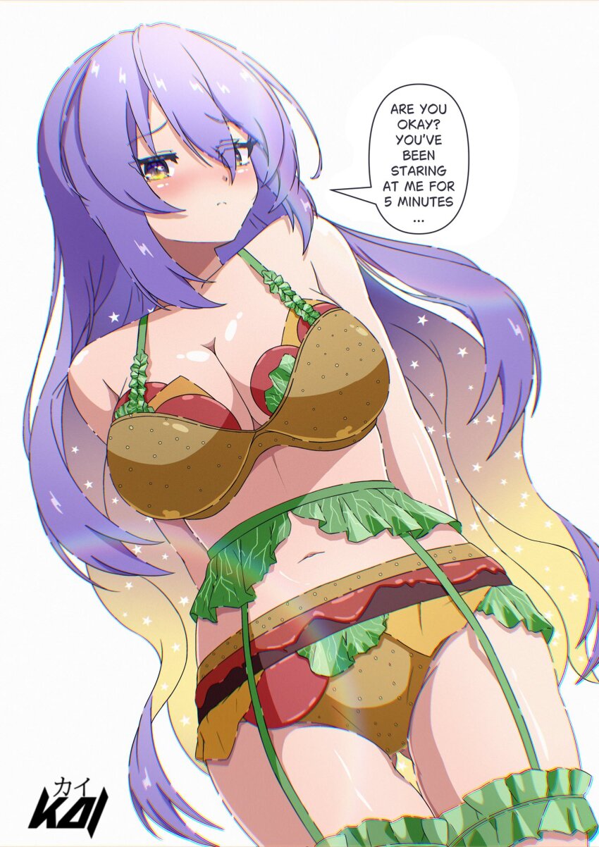 1girl alternate_costume arms_behind_back artist_name bare_arms bare_shoulders bilingual_text blonde_hair blush bra breasts cleavage closed_mouth colored_inner_hair commentary cowboy_shot dutch_angle english_commentary english_text eyes_visible_through_hair food-themed_clothes frilled_thigh_strap from_below garter_belt gluteal_fold gradient_eyes gradient_hair hair_between_eyes highres hololive hololive_indonesia kaiyen large_breasts long_hair looking_at_viewer midriff mixed-language_text moona_hoshinova multicolored_eyes multicolored_hair navel panties purple_eyes purple_hair shiny_skin simple_background solo speech_bubble starry_hair talking thigh_strap thighs two-tone_eyes two-tone_hair underwear underwear_only virtual_youtuber white_background yellow_eyes