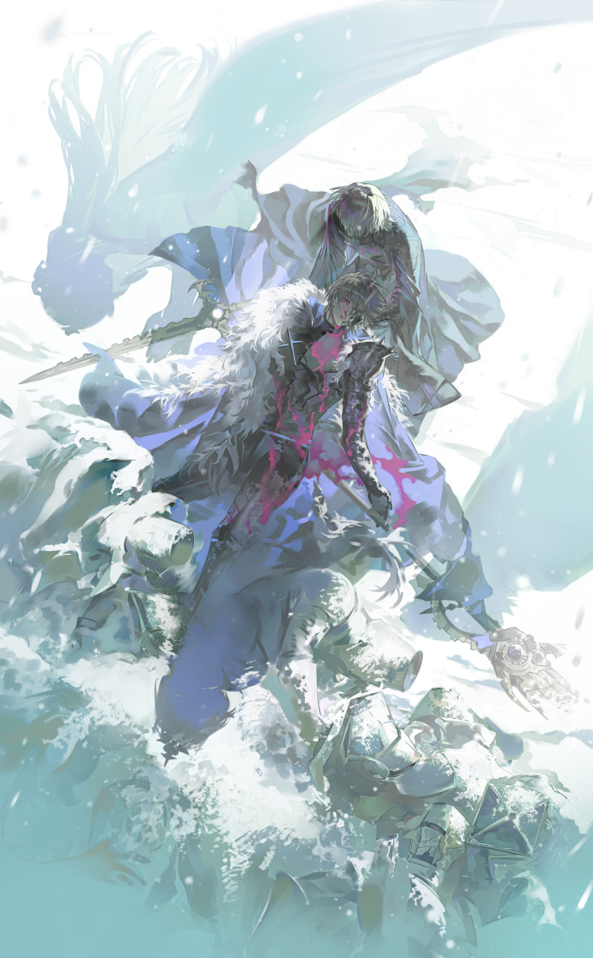 absurdres armor blood blood_on_face blue_cape breastplate cape couple dimitri_alexandre_blaiddyd fire_emblem fire_emblem:_three_houses fur-trimmed_cape fur_trim gongzuotianxiadiyi hand_on_another&#039;s_face highres holding holding_polearm holding_weapon implied_death lying male_byleth_(fire_emblem) nintendo outdoors parted_lips pink_blood polearm short_hair snow snowing weapon