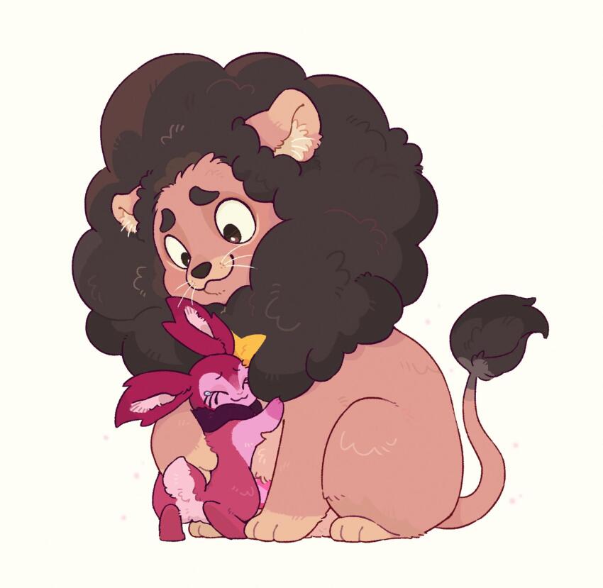 animal animal_focus animalization brown_eyes closed_eyes full_body gem highres hua_hua_de_meme hug lion lion_hair lion_tail looking_at_another pink_gemstone rabbit red_fur sitting spinel_(steven_universe) steven_quartz_universe steven_universe tail white_background