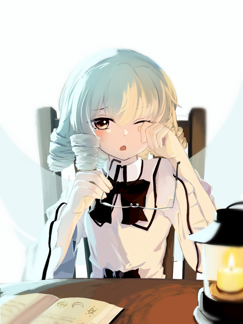 1girl absurdres blonde_hair book chair drill_hair glasses highres holding holding_removed_eyewear luna_child on_chair open_book open_mouth ritu_(ri_tu49) shirt sitting solo touhou touhou_sangetsusei unworn_eyewear upper_body white_background white_shirt yellow_eyes