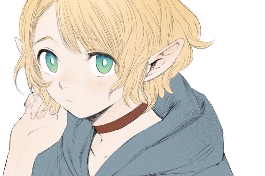1girl alternate_hairstyle blonde_hair blush bright_pupils choker collarbone dungeon_meshi elf frown frs2 green_eyes hand_in_own_hair hand_up looking_at_viewer marcille_donato pointy_ears portrait short_hair solo upper_body white_background white_pupils