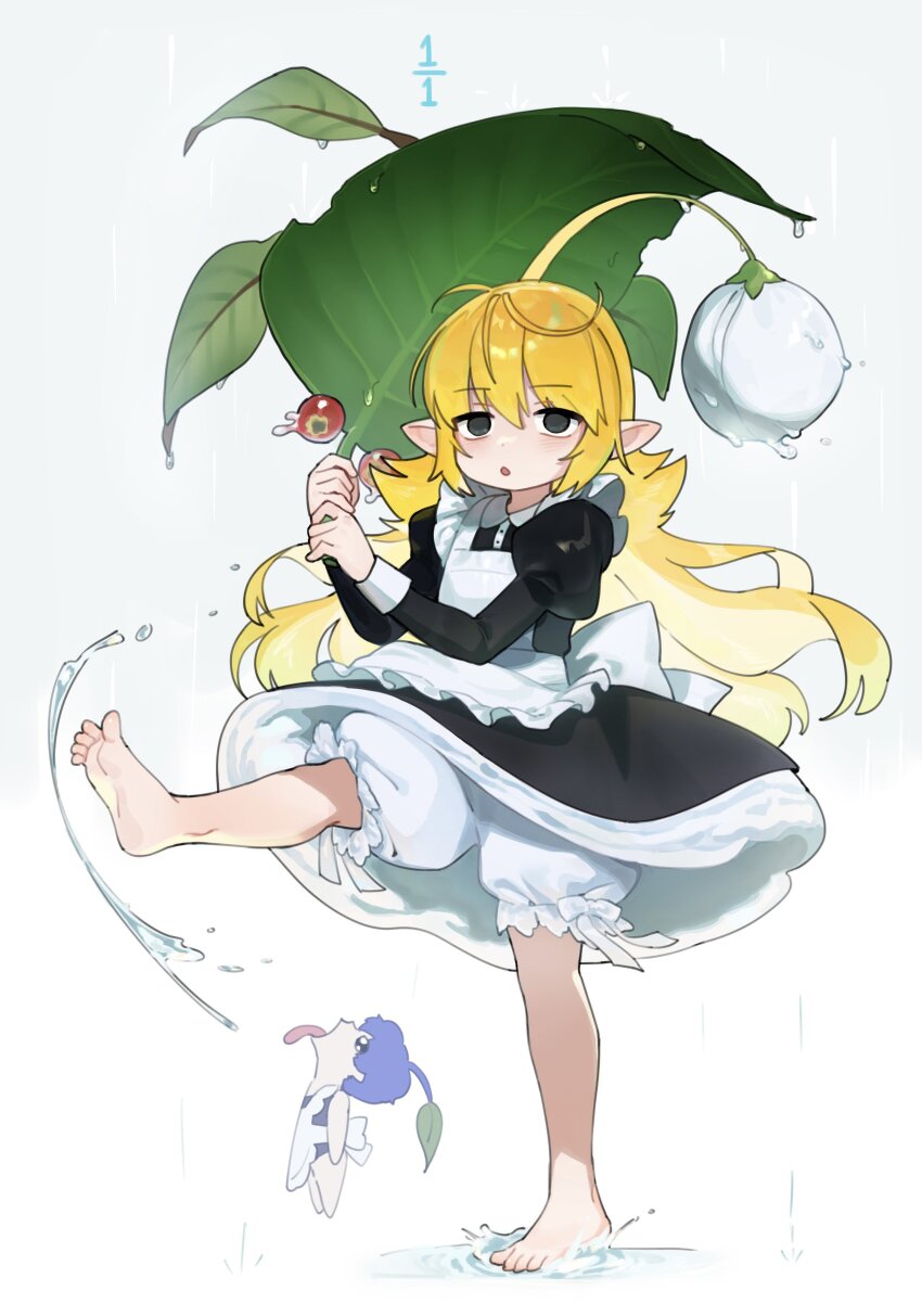 2girls absurdres alternate_costume antenna_hair apron barefoot black_dress black_eyes blonde_hair bloomers blue_pikmin deformed dress enmaided frilled_apron frills highres holding holding_leaf hufy invisible_floor leaf leaf_umbrella leg_up lily_pad long_hair looking_at_viewer looking_to_the_side maid mini_person minigirl multiple_girls nintendo on_water open_mouth personification petite pikmin_(series) plant_hair pointy_ears rain simple_background solid_circle_pupils splashing standing standing_on_one_leg three_quarter_view underwear water white_apron white_background white_bloomers yellow_pikmin